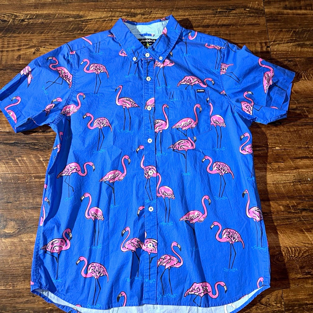 Chubbies Men's L Blue Pink Flamingo Print Button-Down Short Sleeve Shirt